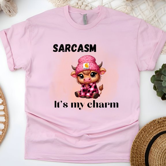 Sarcasm It’s My Charm Funny Cow Graphic T-Shirt for Adults, Light Pink, Size L