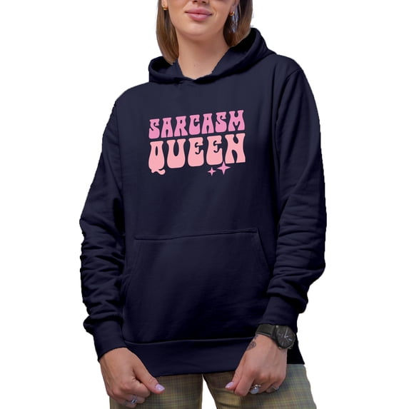 Sarcasm Queen, Pink Text Girl Quote, Sarcastic Girls Merch Gift, Navy Blue Hooded Sweatshirt or Hoodie, Medium