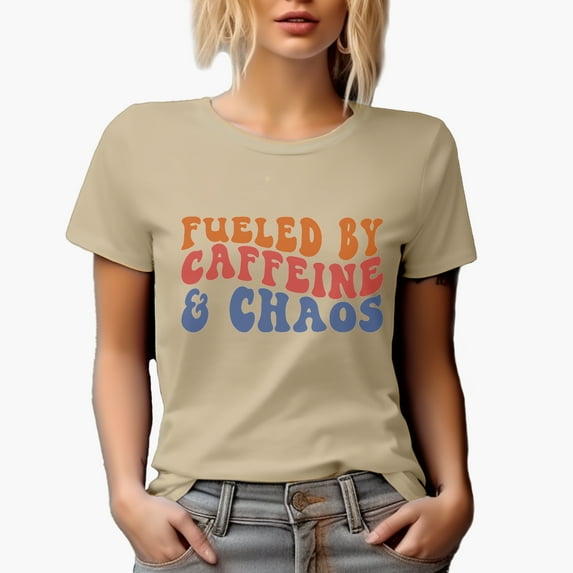 Sarcastic Fueled by Caffeine & Chaos Quote, Groovy Retro Wavy Text Merch Gift, Tan T-Shirt, Large