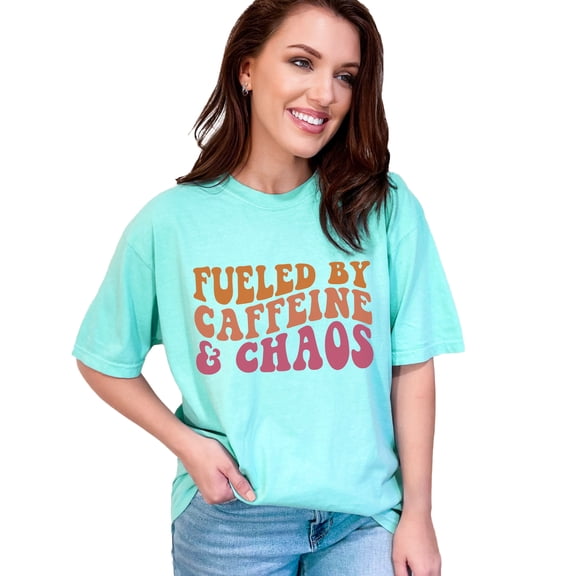 Sarcastic Fueled by Caffeine & Chaos Saying, Groovy Retro Wavy Text, Chalky Mint Comfort Colors T-Shirt, 3XL