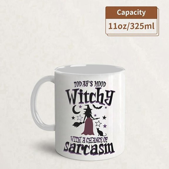 Sarcastic Witch Mood Mug Funny Witch Broomstick Stars Design with Today s Mood Chance of Sarcasm Lettering Durable Coffee Cup Hot Cold Drinks Hallowee