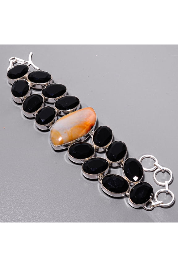 Sard Onyx - India & Black Onyx 925 Silver Plated Ethnic Bracelet 7-7.99" T69, Valentine's Day Gift, Birthday Gift, Beautiful Jewelry For Woman & Girls