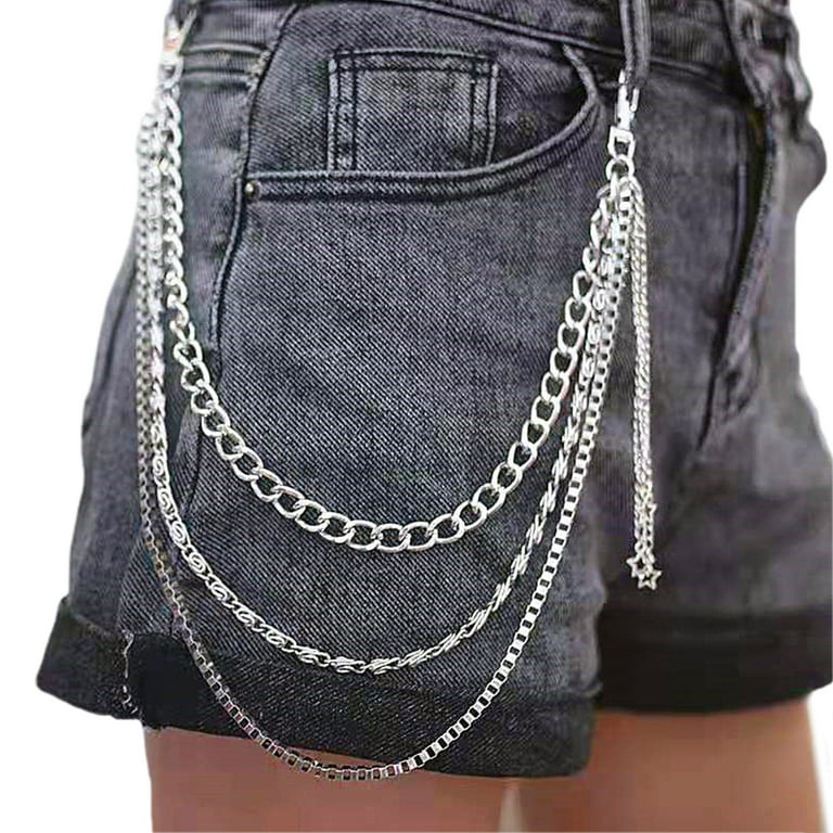 Sardfxul 3 Layered Jeans Wallet Pants Chain Silver Color Pocket Chain Hip Hop Rock Chain, Men's, Size: Small, Gray