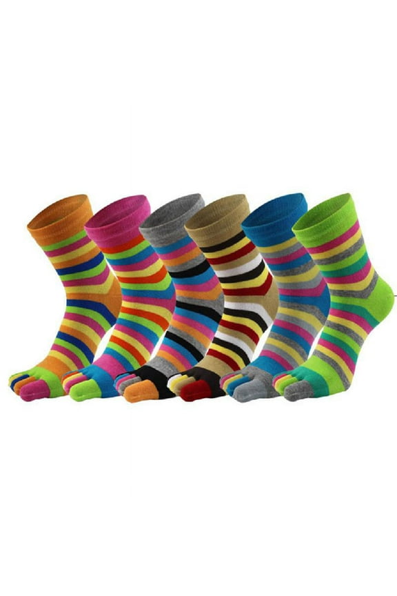 6 Pairs Women Cotton Five Finger Ankle Socks Rainbow Colorful Striped Printed Breathable Casual Toe Separated Mid Tube Hosiery Gifts