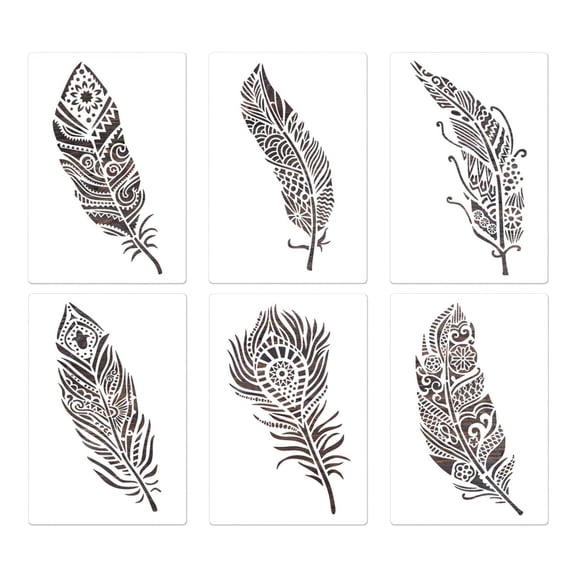Sardfxul 6Pcs Feather Stencils Reusable PET Drawing Stencils for Kid Drawing Card Making