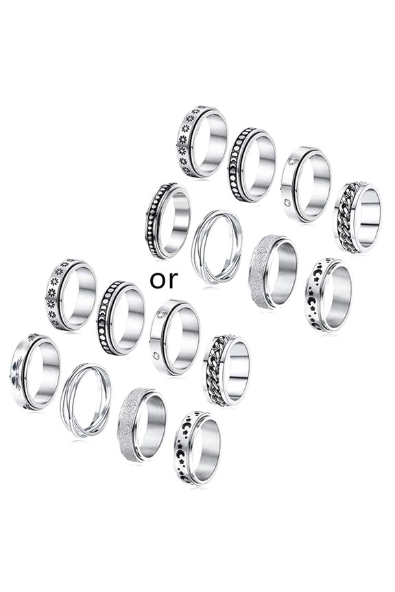 Fidget Band Rings Moon Star Sand Blast Finish Ring Set Wedding Promise Fidget Rings Size 6-11 Meditation Worry Rings