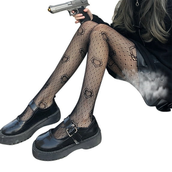 Sardfxul Japanese Gothic Pantyhose Heart Dot Pattern Black White Retro Fishnet Mesh Tights Bottoming Stockings Lingerie for Women