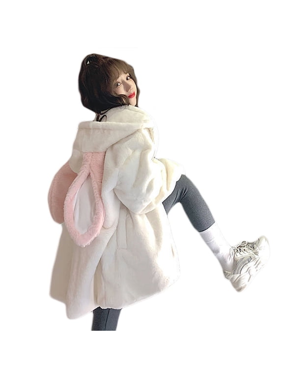 Women Faux Fur Hoodies for Jacket Bunny Ears Zip Up Fuzzy Oversized Sweatshirt C