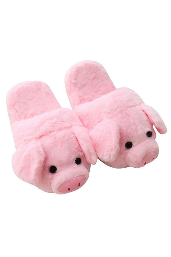 Womens Winter Cute Pink Little Pig Animal Cartoon Plush Slippers Funny Non-Slip Sole Furry Fluffy Flat Indoor Warm Shoes