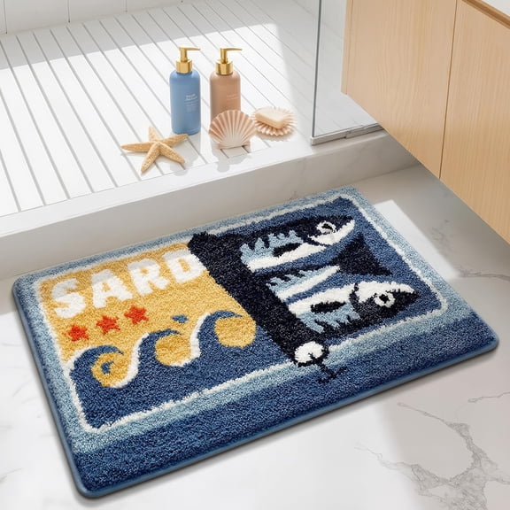 Sardine Can Plush Bath Mat, Opening Can Design with Big Fish, Absorbent Non-Slip Rug for Bathroom Kitchen Entrance, Machine Washable Retro Ocean Home Decor 20x31 Inch