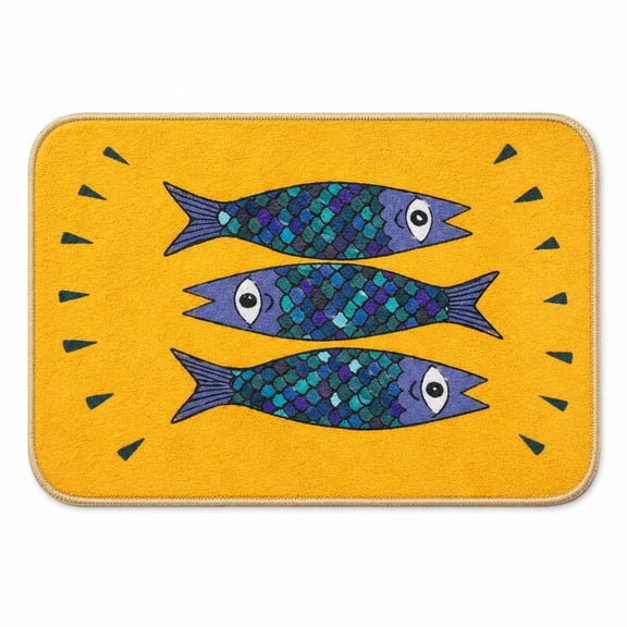 Sardine Fish Doormat, Coastal Blue Fish Floor Mat with Non-Slip Backing, Indoor Entryway Welcome Mat, Yellow Nautical Decor