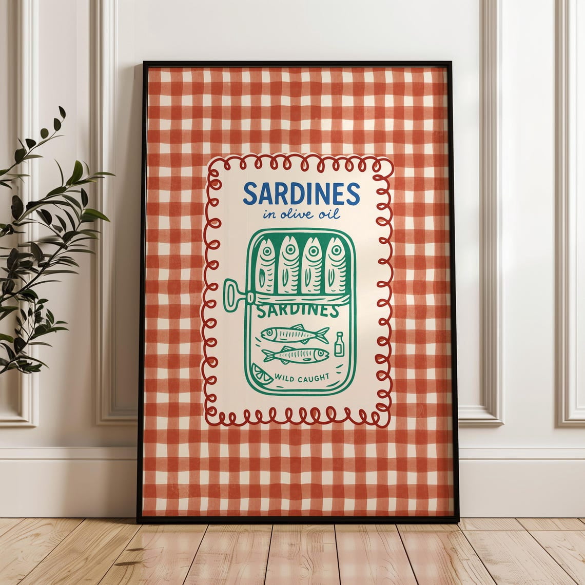 Fish Rad Wal Sardine Tinned Fish Wall Art Print, Red Gingham, Kitchen, Gallery Wall ...