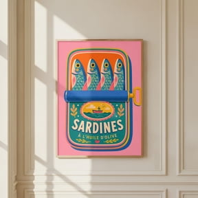 Sardines Can Poster, Retro Food Kitchen Art, Whimsical Fish Illustration , Poster Print Only