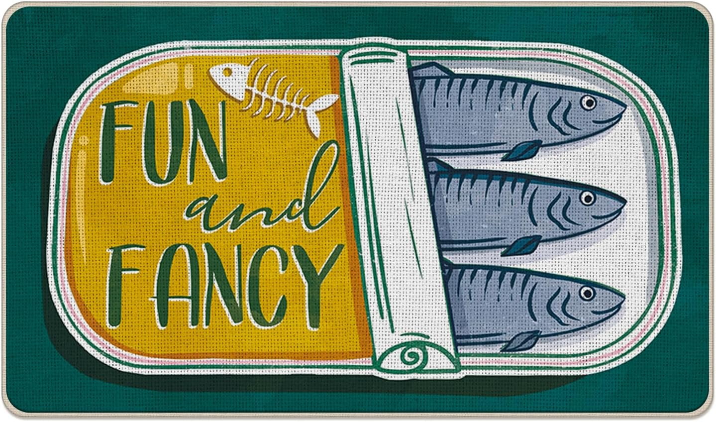 Sardines Can Welcome Front Door Mat, Fun and Fancy Beach Coastal Fish Decorative Doormat Non-Slip Floor Entryway Rug, Nautical Seafood Low Profile Indoor Outdoor Home Kitchen Decor 17x29 Inches