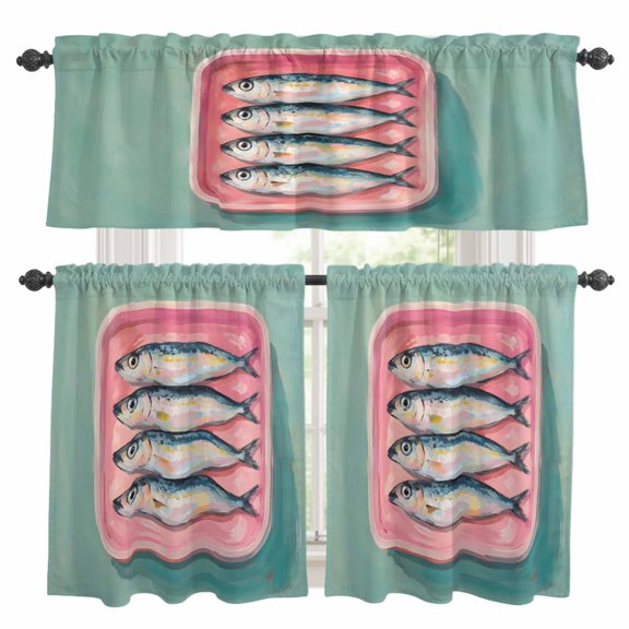 Sardines Fish Kitchen Curtains Valances 3 Piece Set, Coastal Nautical Rustic Pink Tray Mint Background Rod Pocket Tier Curtain and Valance Drapes for Small Window 36 Inch Length for Bedroom Cafe
