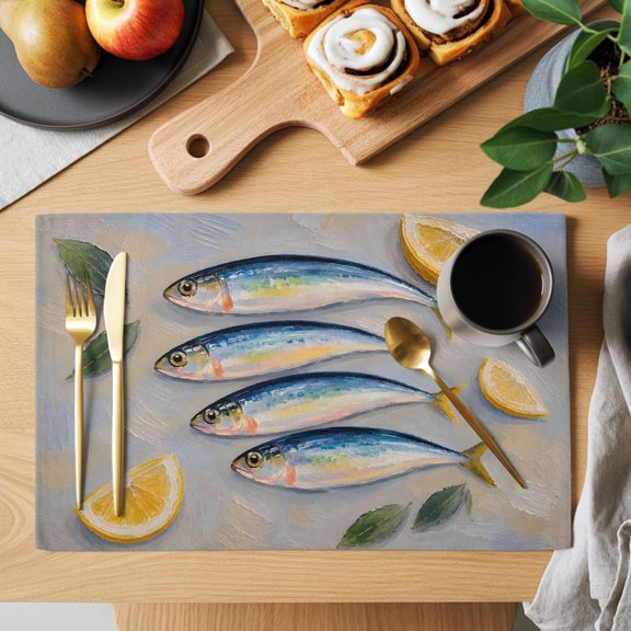 Sardines Fish Placemats Set of 1, Coastal Nautical Rustic Lemon Slices Green Leaves Non-Slip Place Mats Washable Table Mats for Kitchen Dining Table Decorations Indoor/Outdoor