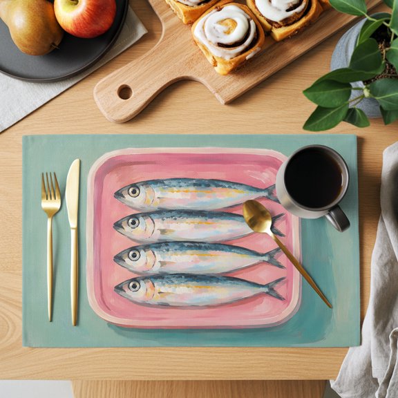 Sardines Fish Placemats Set of 1, Coastal Nautical Rustic Pink Tray Mint Background Non-Slip Place Mats Washable Table Mats for Kitchen Dining Table Decorations Indoor/Outdoor