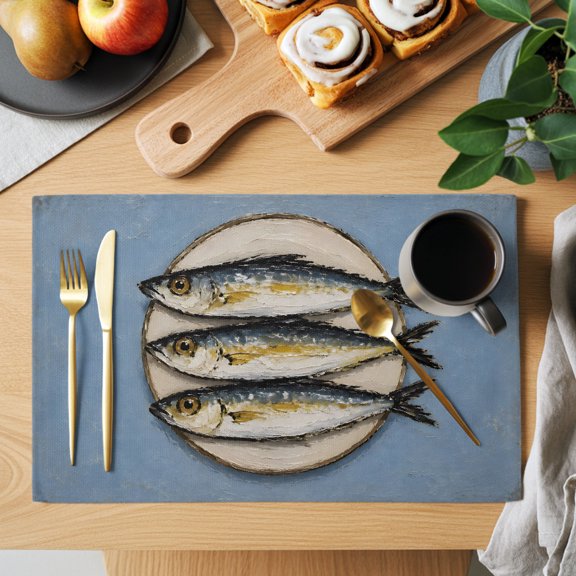 Sardines Fish Placemats Set of 1, Coastal Nautical Rustic Plate Blue Background Non-Slip Place Mats Washable Table Mats for Kitchen Dining Table Decorations Indoor/Outdoor