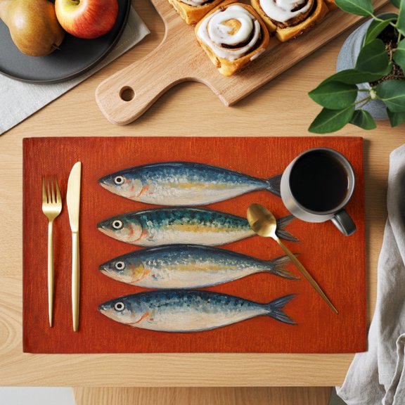 Sardines Fish Placemats Set of 1, Coastal Nautical Rustic Red Brushwork Textured Non-Slip Place Mats Washable Table Mats for Kitchen Dining Table Decorations Indoor/Outdoor