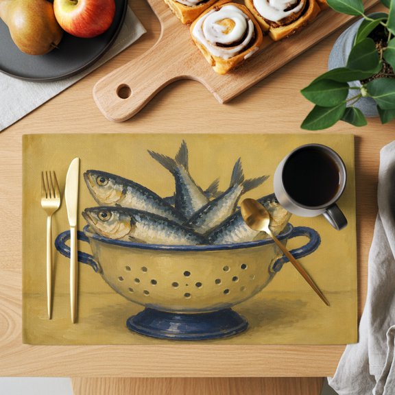 Sardines Fish Placemats Set of 1, Coastal Nautical Rustic Yellow Colander Bowl Non-Slip Place Mats Washable Table Mats for Kitchen Dining Table Decorations Indoor/Outdoor