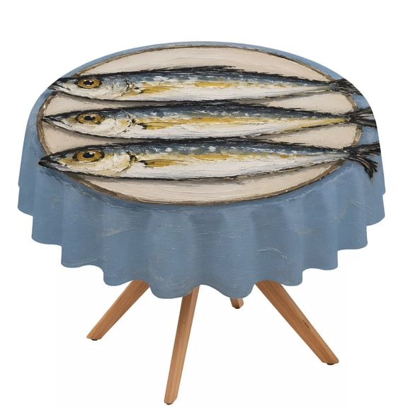 Sardines Fish Round Tablecloth 54 inches Coastal Nautical Rustic Plate Blue Background Waterproof Oil-Proof Table Cloth Round Table Cover for Holiday Party Picnic Dinner Decor Indoor and Outdoor Use