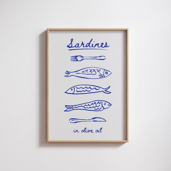 Sardines Kitchen Print: Amalfi Coastal Navy Blue Fish Art () #64, Stretched Canvas Size 16x24