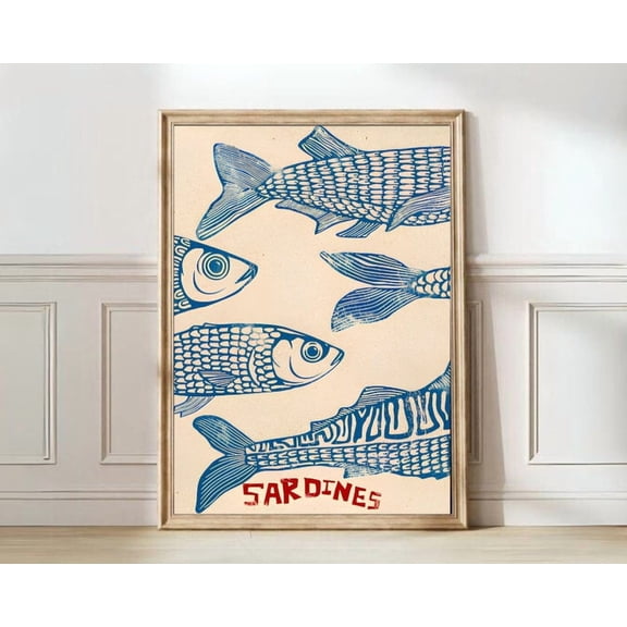 Sardines Print Sardine Tin Vintage Poster Retro Sardine Wall Art Fish Print Wall Art , Matte Canvas Stretched, Posters for Room Bedroom Living Room Bathroom Wall Decor, Posters & Art Prints, Gift.