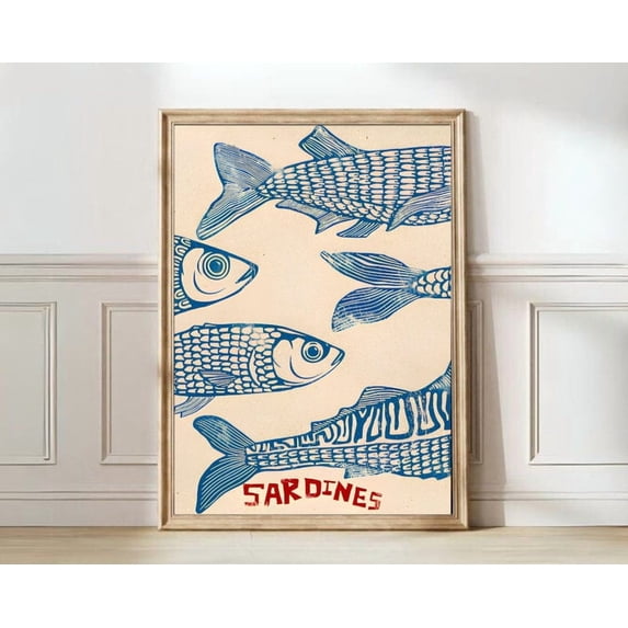 Sardines Print Sardine Tin Vintage Poster Retro Sardine Wall Art Fish Print Wall Art , Matte Canvas Stretched, Posters for Room Bedroom Living Room Bathroom Wall Decor, Posters & Art Prints, Gift.