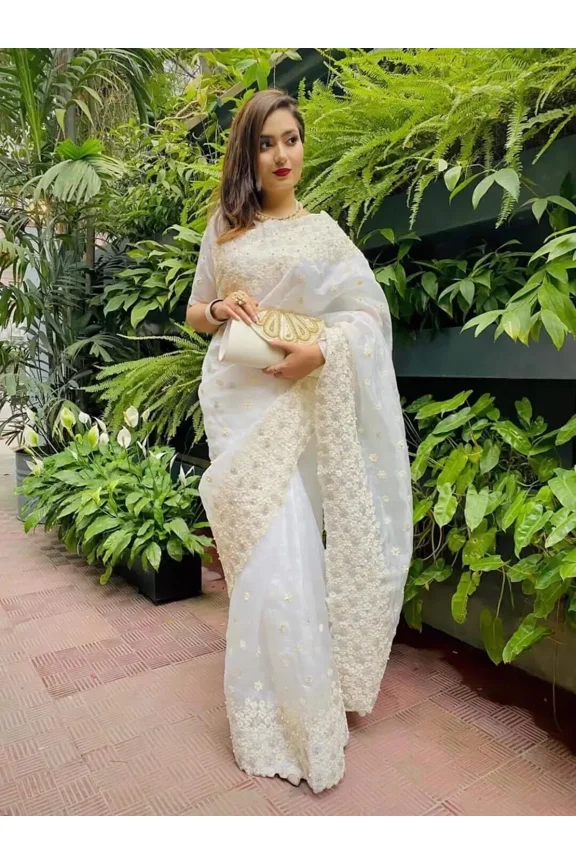 Saree Indian Bollywood Organza Embroidery Moti Work White Sari Blouse Party Wear size 38
