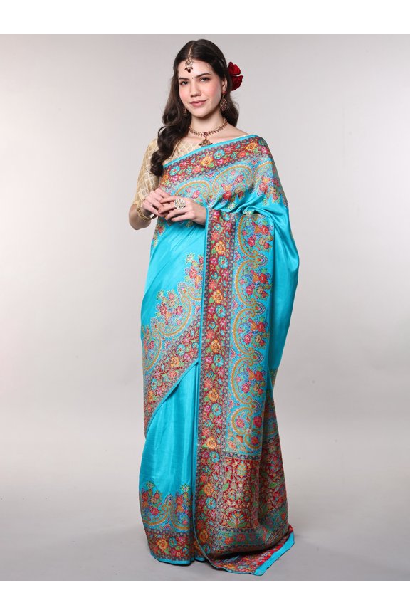 Saree from Bangalore with Multicolor Floral woven Border and Zari Weave – Blue Curacao