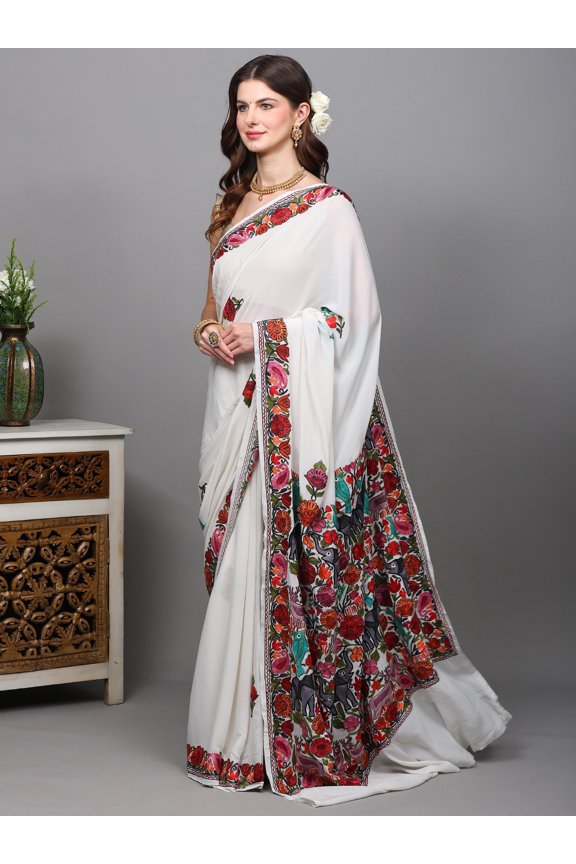 Saree from Kashmir with Aari Embroidered Jungle Scene in Multicolor Thread – Star White