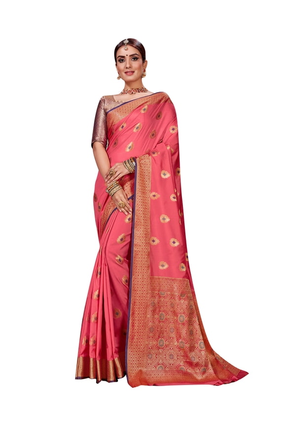 Sarees for Women Banarasi Art Silk Woven Saree | Ethnic Indian Wedding Gift Sari with Unstitched Blouse Pink