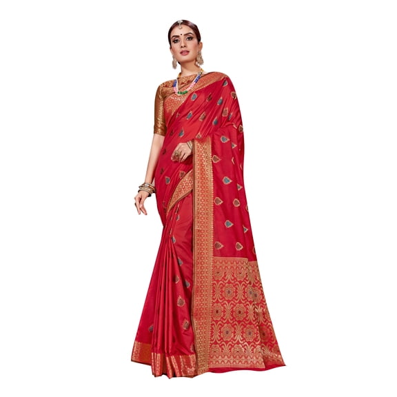 Sarees for Women Banarasi Art Silk Woven Saree | Ethnic Indian Wedding Gift Sari with Unstitched Blouse Red