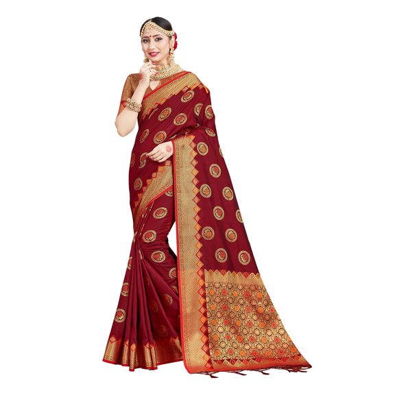 Sarees for Women Banarasi Art Silk Woven Sari - Indian Ethnic Gift Diwali Festival Saree with Unstitched Blouse Maroon