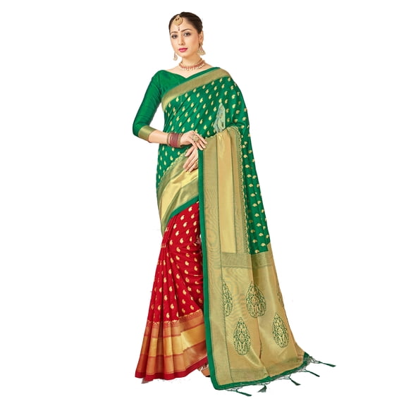 Sarees for Women Banarasi Art Silk Woven Sari - Indian Gift Diwali Festival Saree & Unstitched Blouse Green