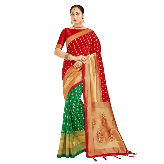 Sarees for Women Banarasi Art Silk Woven Sari - Indian Gift Diwali Festival Saree & Unstitched Blouse Red
