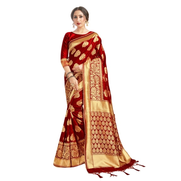 Sarees for Women Banarasi Art Silk Woven Sari - Indian Gift Diwali Festival Saree with Unstitched Blouse Maroon