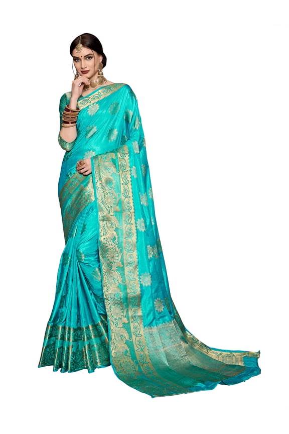 Sarees for Women Banarasi Art Silk l Tradional Indian Wedding Diwali Gift Sari with Unstitched Blouse Turquoise