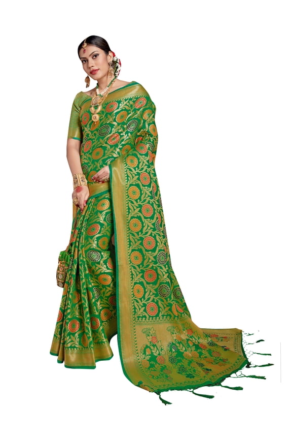 Sarees for Women Banarasi Patola Art Silk Woven Saree l Indian Ethnic Wedding Gift Sari with Unstitched Blouse Green
