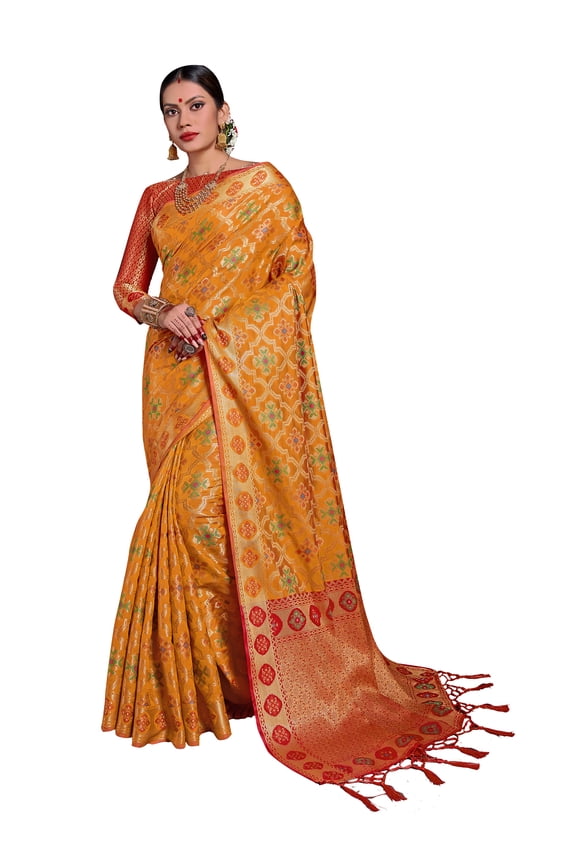 Sarees for Women Banarasi Patola Art Silk Woven Saree l Indian Ethnic Wedding Gift Sari with Unstitched Blouse Mustard