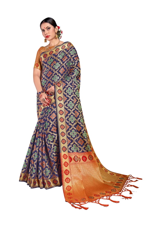 Sarees for Women Banarasi Patola Art Silk Woven Saree l Indian Ethnic Wedding Gift Sari with Unstitched Blouse Navy Blue