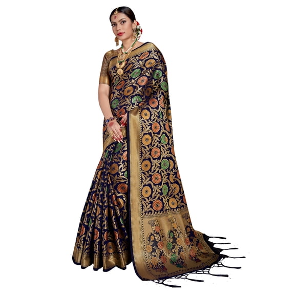 Sarees for Women Banarasi Patola Art Silk Woven Saree l Indian Ethnic Wedding Gift Sari with Unstitched Blouse Navy Blue