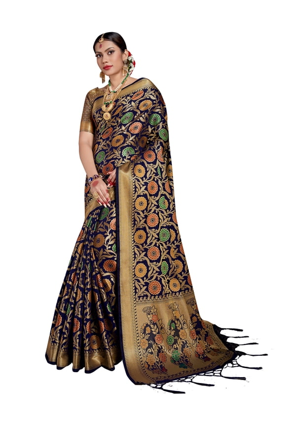 Sarees for Women Banarasi Patola Art Silk Woven Saree l Indian Ethnic Wedding Gift Sari with Unstitched Blouse Navy Blue