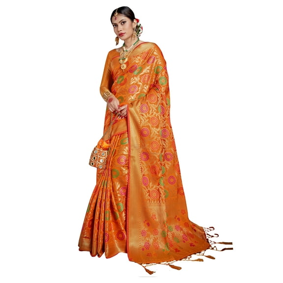 Sarees for Women Banarasi Patola Art Silk Woven Saree l Indian Ethnic Wedding Gift Sari with Unstitched Blouse Orange
