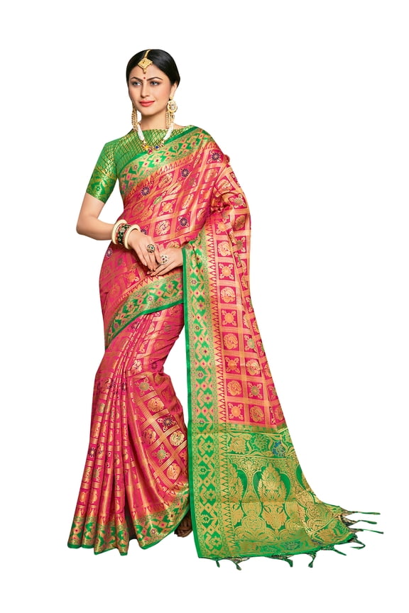 Sarees for Women Banarasi Patola Art Silk Woven Saree l Indian Ethnic Wedding Gift Sari with Unstitched Blouse Pink