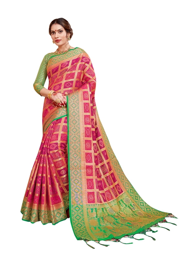 Sarees for Women Banarasi Patola Art Silk Woven Saree l Indian Ethnic Wedding Gift Sari with Unstitched Blouse Pink