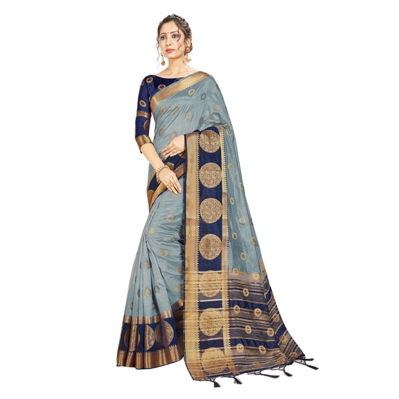 Sarees for Women Banarasi Raw Silk Woven Sari - Indian Gift Diwali Festival Saree with Unstitched Blouse Gray