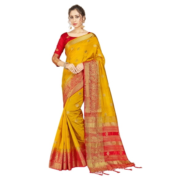 Sarees for Women Banarasi Raw Silk Woven Sari - Indian Gift Diwali Festival Saree with Unstitched Blouse Mustard