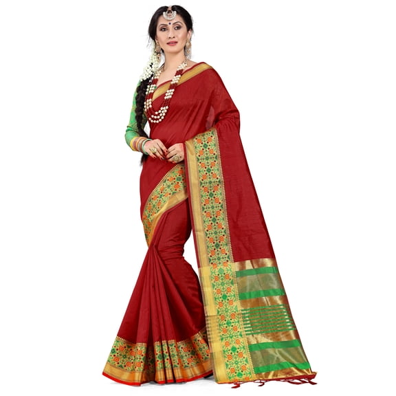 Sarees for Women Cotton Silk Woven Saree l Indian Wedding Gift Sari with Unstitched Blouse Red