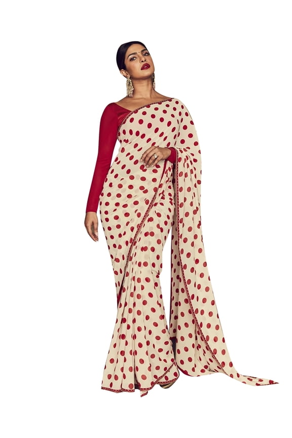 Sarees for Women Georgette Polka Dotted Printed Saree l Bollywood Indian Wedding Gift Sari with Unstitched Blouse